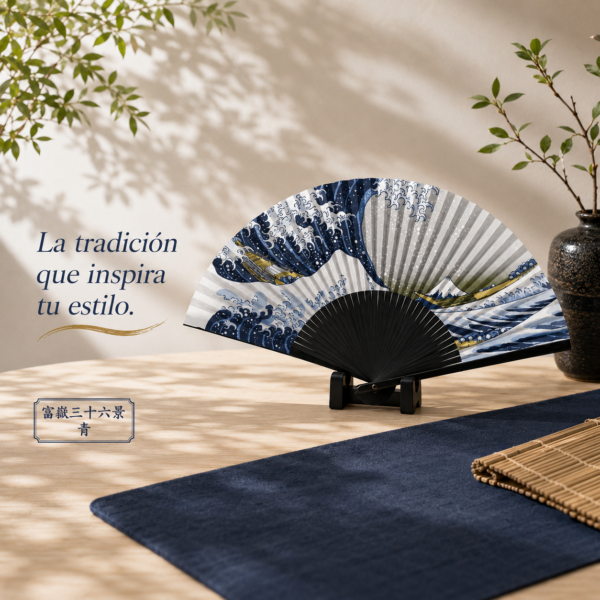 Abanico estilo Hokusai “Fugaku Sanjūrokkei” Azul