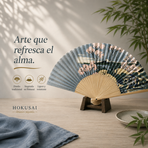 Abanico estilo Hokusai “Fugaku Sanjūrokkei” Gris Azul